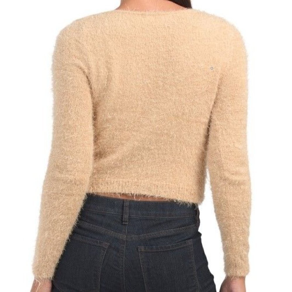 Pretty Juniors Ruched V-neck Soft Fluffy Knit Pink Sweater Blush Women Size L - Picture 2 of 2